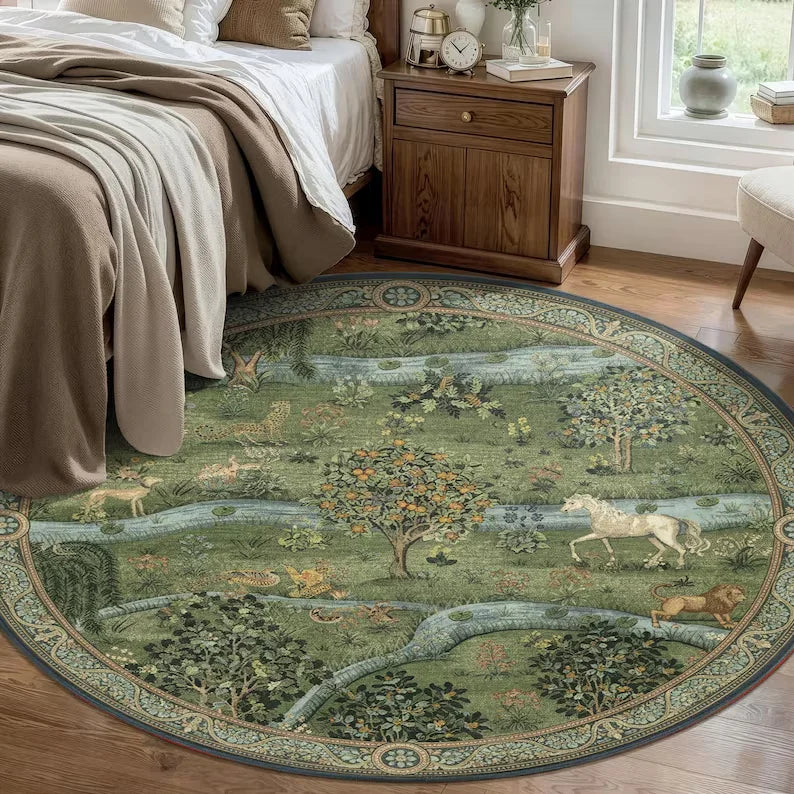 tapis rond floral vintage vert beige noir décoration intérieure classique 80x80cm pp polypropylène polyester