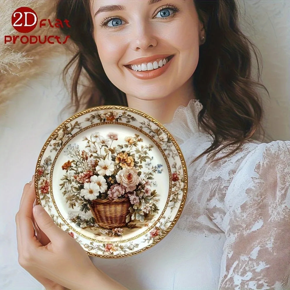 assiette décorative aluminium blanc doré marron rose beige vert fleurs panier bordure dorée classique