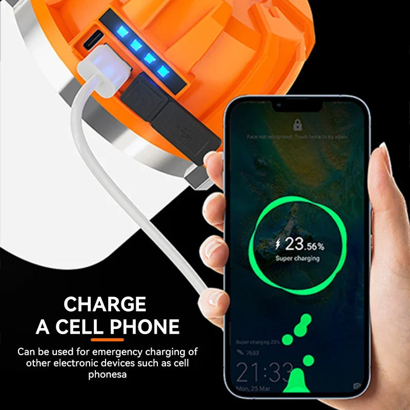 lampe camping rechargeable usb orange blanc moderne interrupteur crochet métallique led