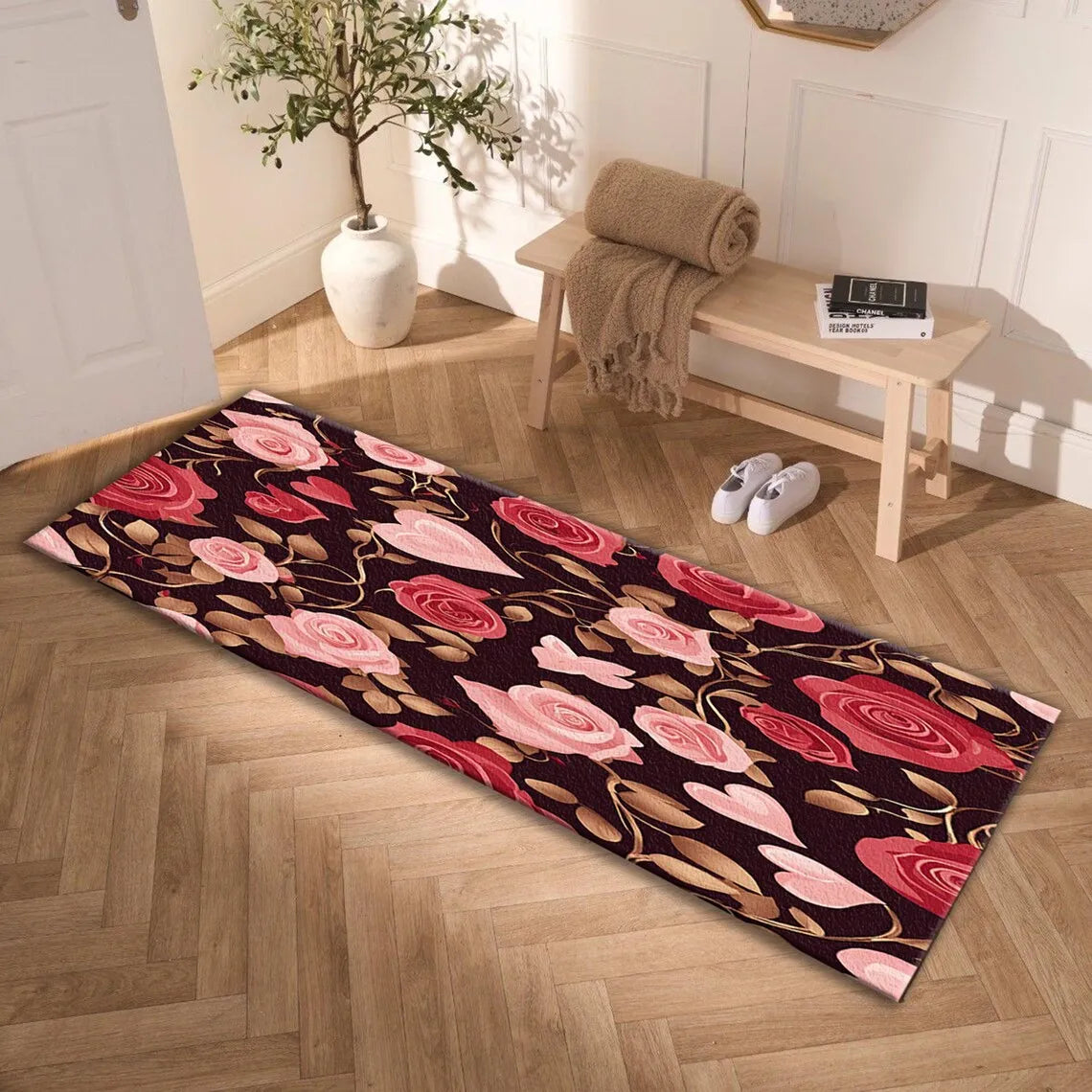 tapis fleurs roses classique romantique salon chambre extérieur salle bain