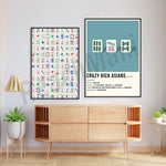 Deux affiches encadrées présentant des éléments graphiques et de texte, placées au-dessus d'un meuble en bois naturel avec des plantes décoratives à proximité, dans un intérieur lumineux.