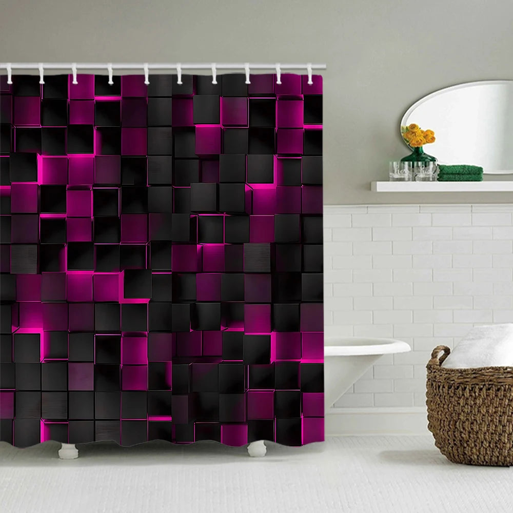 rideau douche géométrique moderne noir rouge tapis bain couvercle toilette 12 crochets