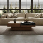 table basse bois carrée moderne tiroirs motifs horizontaux salon minimaliste