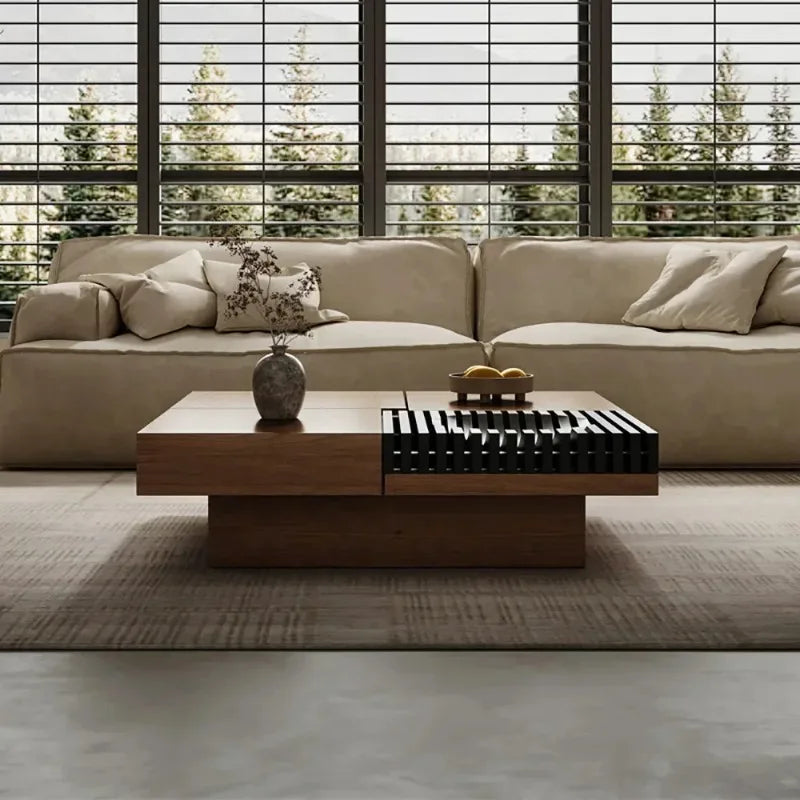 table basse bois carrée moderne tiroirs motifs horizontaux salon minimaliste