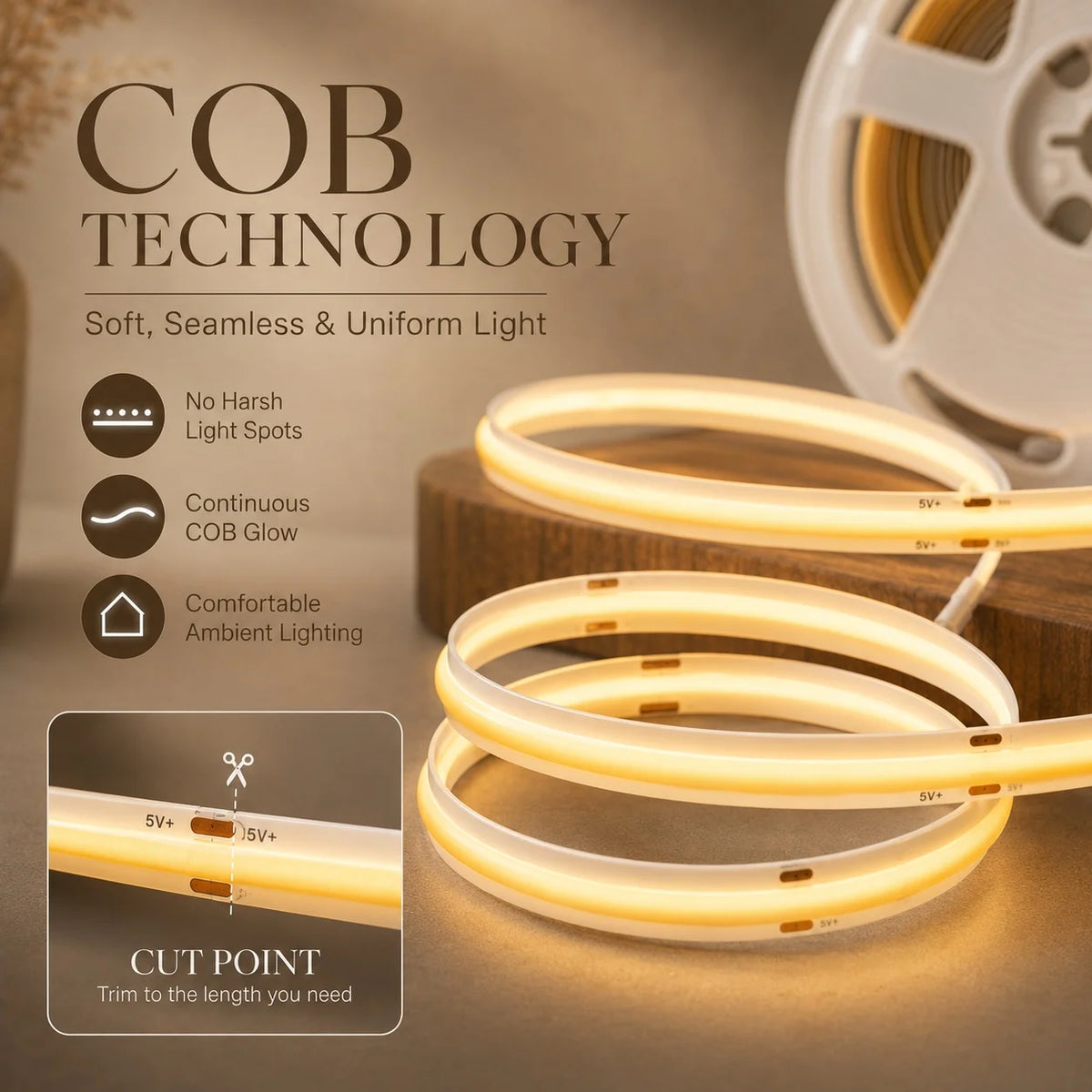 ruban led cob blanc adhésif éclairage moderne minimaliste 320 led 5v 3000k facile chambre