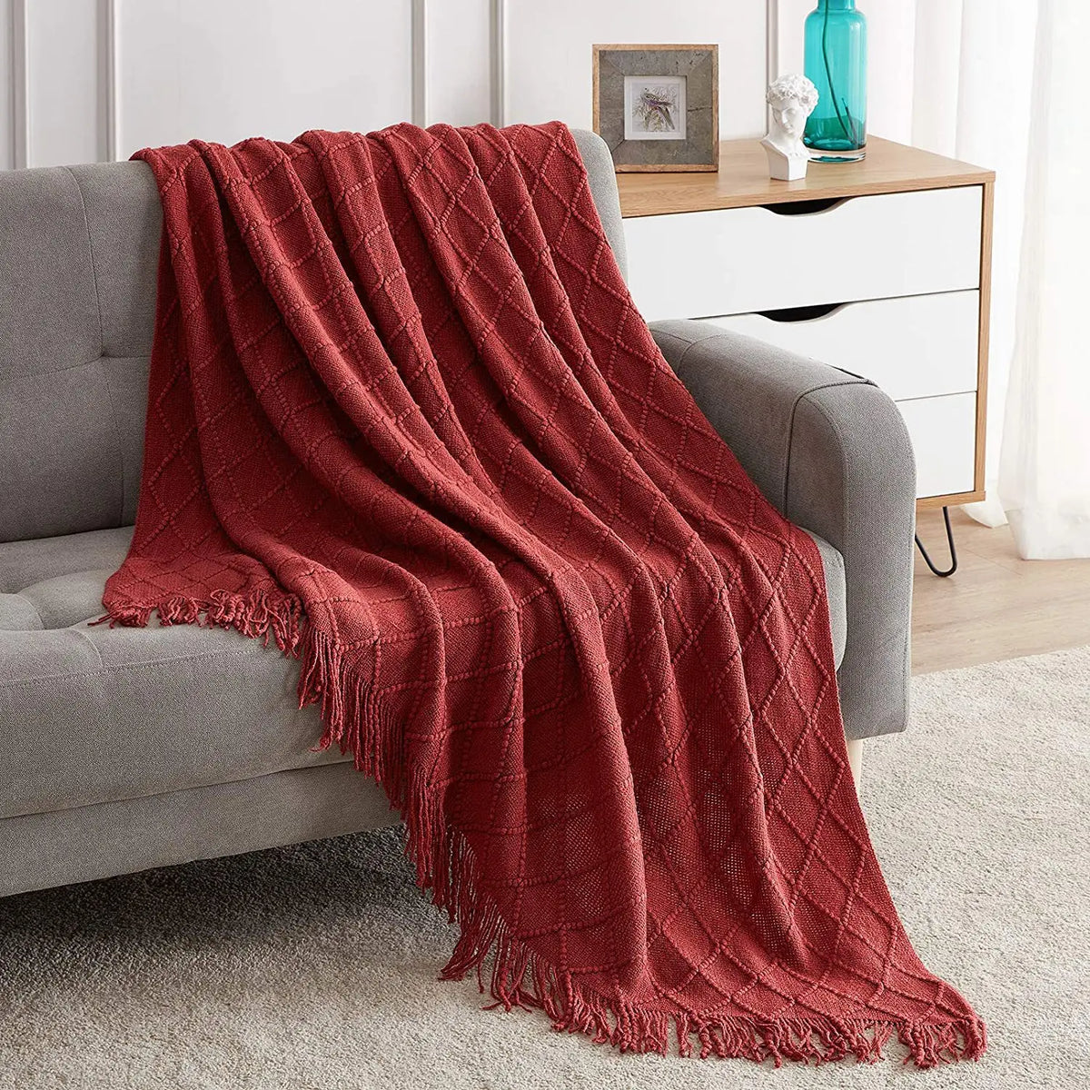 plaid motif losange franges couleurs rose beige vert gris chambre décoration hiver cozy champêtre