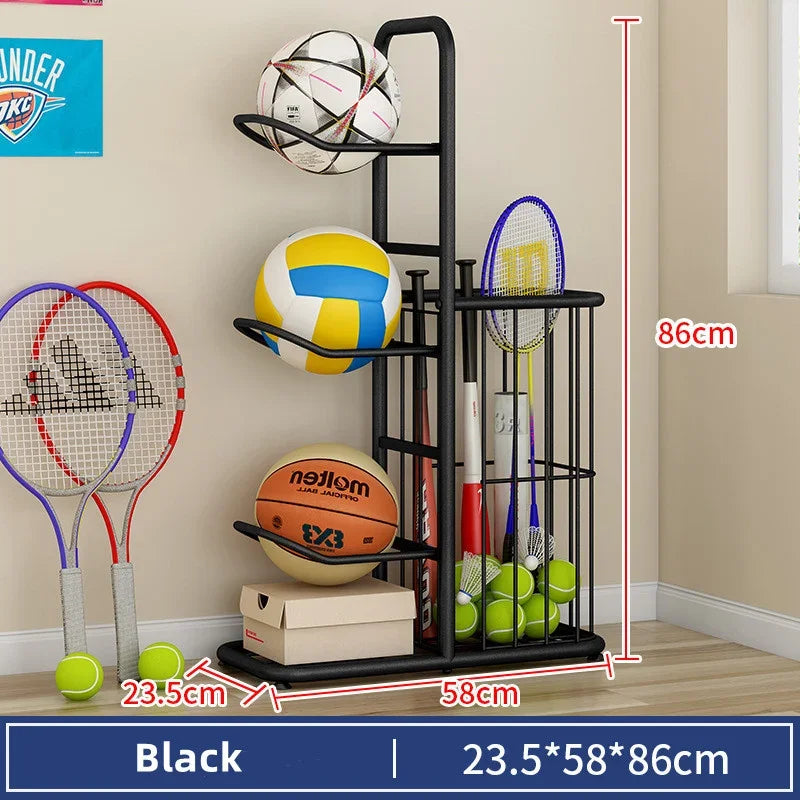 support rangement sport blanc noir doré raquettes balles tennis volleyball moderne minimaliste