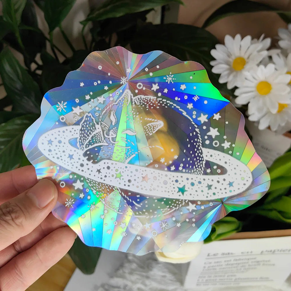 étiquettes solaires holographiques transparentes motifs planètes chats soleils modernes adhésives blanches minimalistes