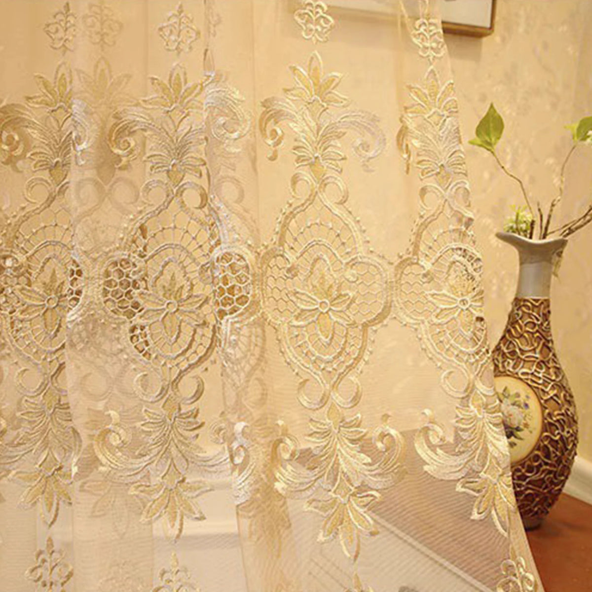 rideau brodé floral beige clair semi transparent classique polyesterextérieur chambre salon