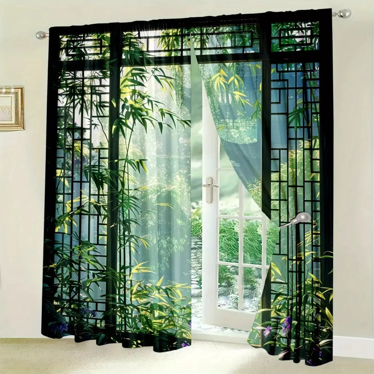 rideau vert bambou semi transparent moderne fenêtre imprimé oriental intimité décoration salon fêtes