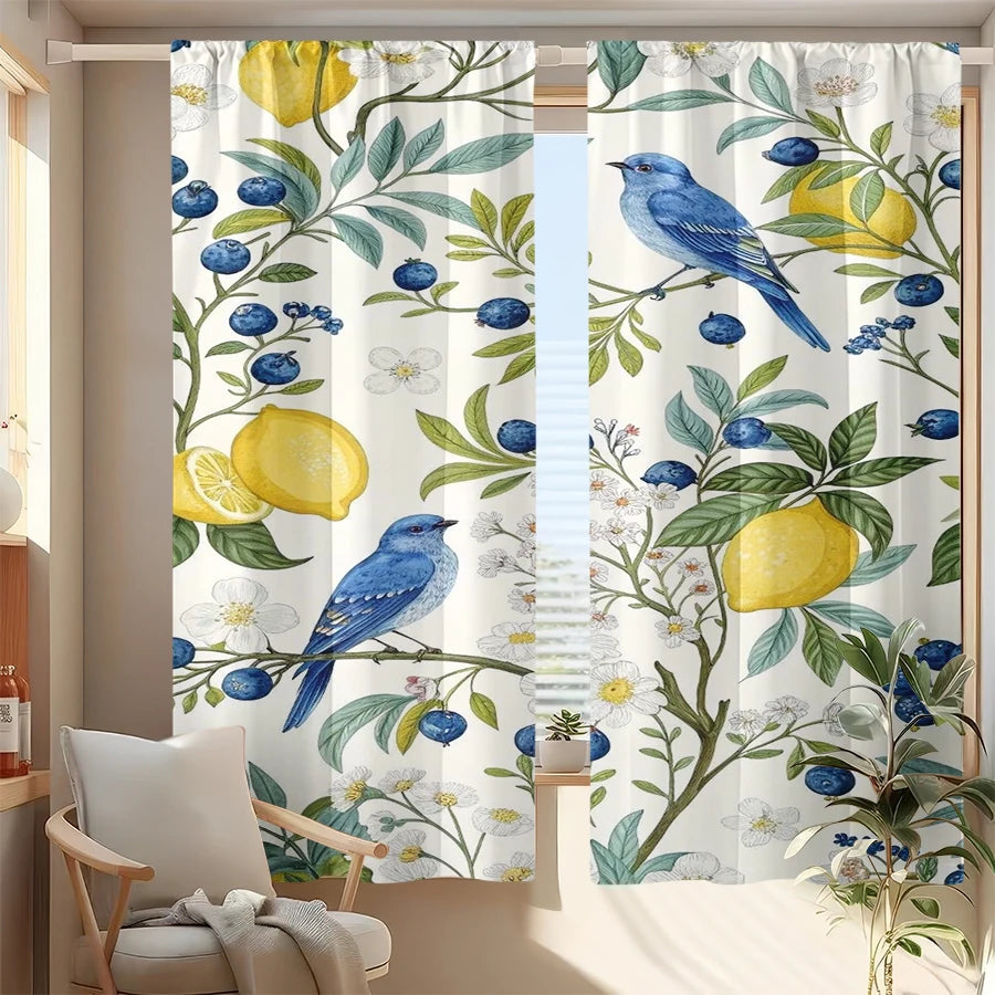 rideau floral citron baies oiseaux bleus blancs moderne polyester 60x150cm 75x166cm 105x230cm 130x210cm