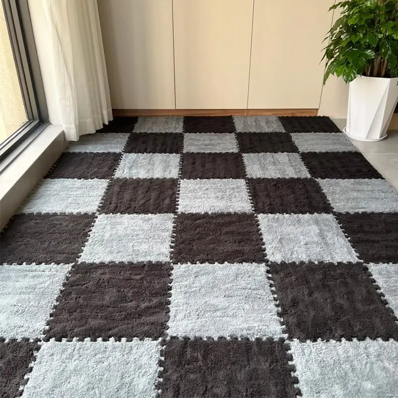 tapis modulable carreaux géométriques gris blanc doux moelleux moderne clips 30cm 30cm