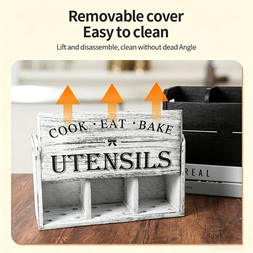 boîte ustensiles cuisine blanc vintage imprimé cook eat bake rustique multifonctionnelle