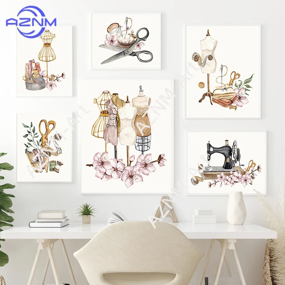 tableau mural toile art motif floral cage oiseaux moderne décoration salon beige rose