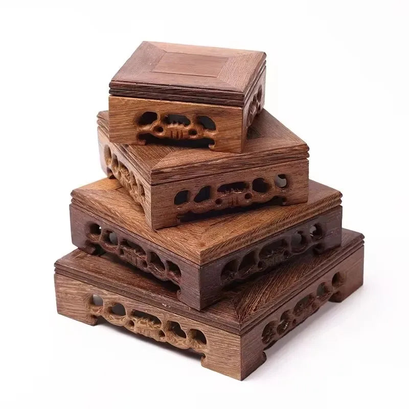 support bois sculpté plateforme plantes stand thé traditionnel artisanal gravures marron décoration jardin