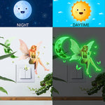 sticker mural fée papillons lune vert rose blanc dessin animé chambre enfants fluorescent