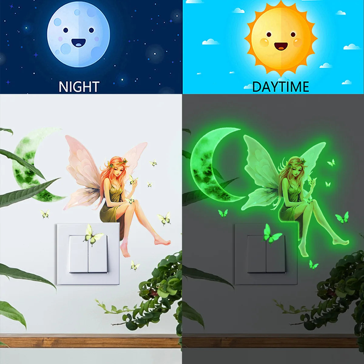 sticker mural fée papillons lune vert rose blanc dessin animé chambre enfants fluorescent