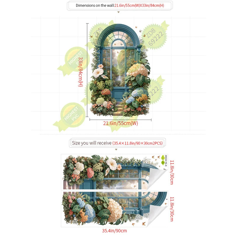 sticker mural 3d vintage fenêtre paysage fleurs papillons deco chambre salon entree
