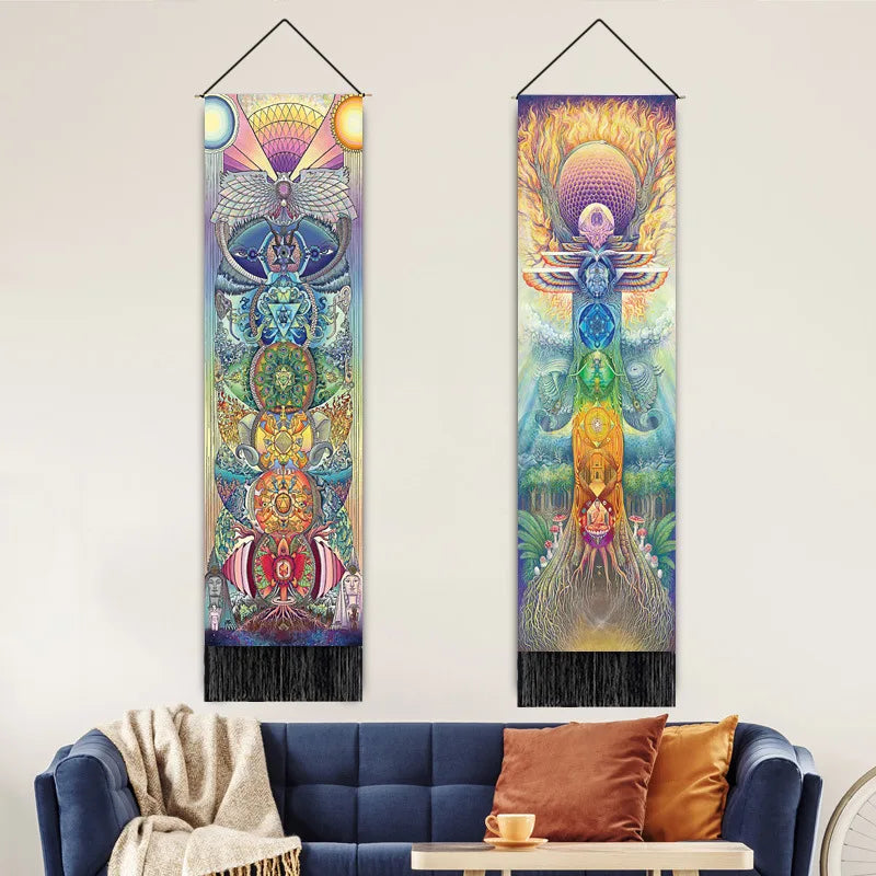 tapisserie abstraite multicolore fantaisiste motifs floraux géométriques crochets franges noires décoration murale