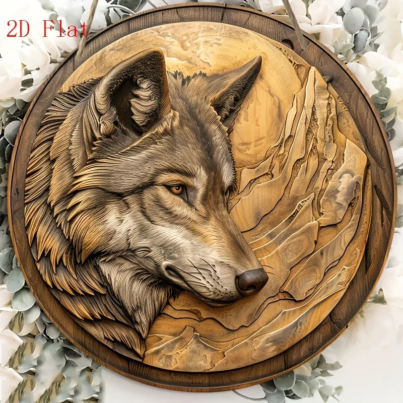 plaque décorative 3d loup relief bois artisanal marron gris beige