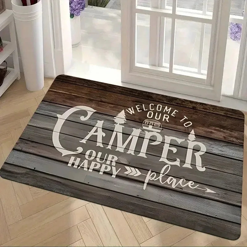 tapis sol antidérapant polyester résistant décoloration lettrage stylisé thème camping patte chien noir blanc