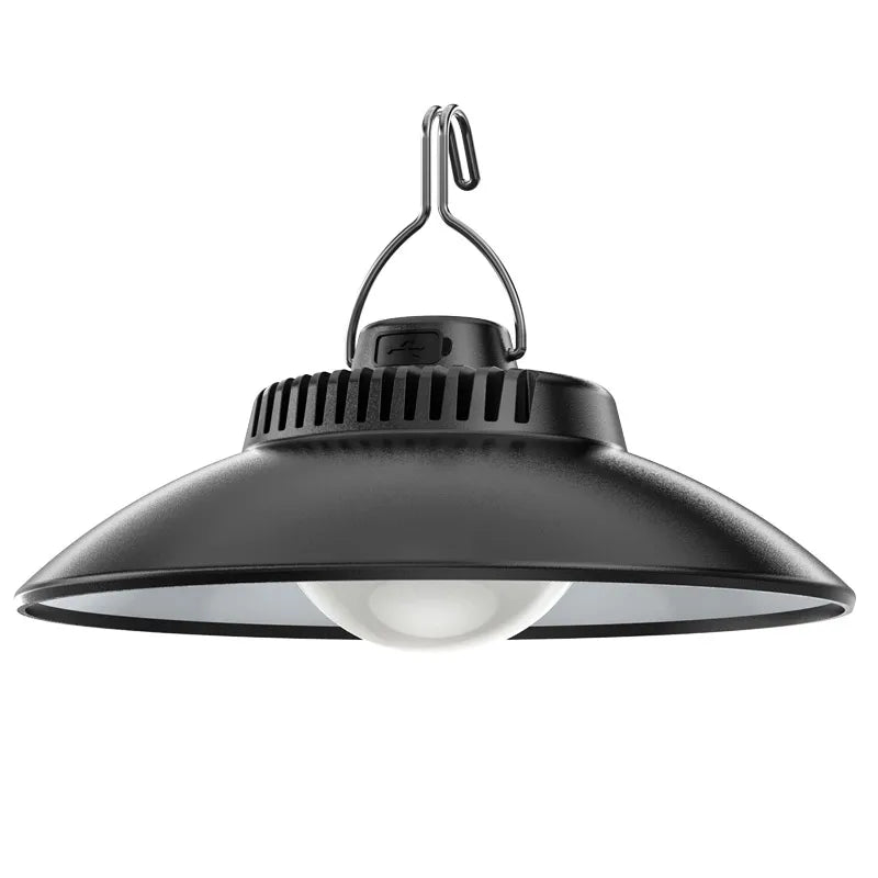 lampe suspendue rechargeable led noire industrielle fixations adhésives lumière variable camping decoration extérieure
