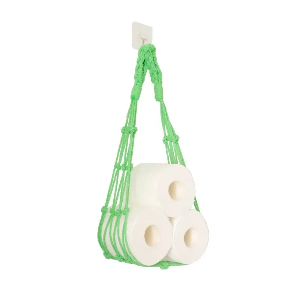 Sac rouleaux papier toilette boho blanc tissu crochet mural salle bain deco rustic