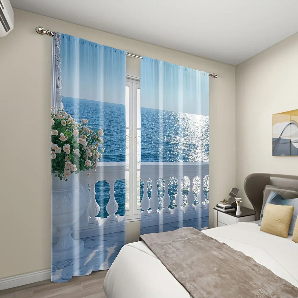 rideau imprimé paysage marin bleu blanc semi transparent moderne 24x59in 30x65in 41x91in 51x83in