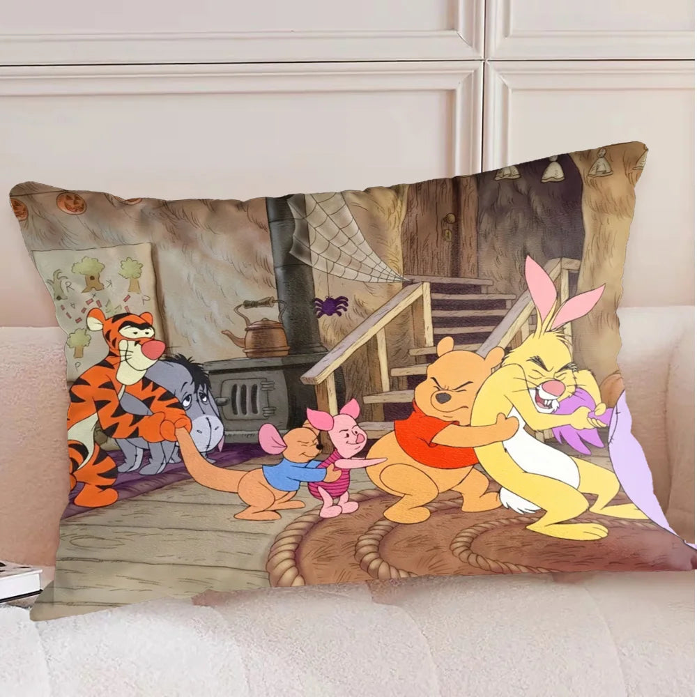 housse coussin motif winnie ourson amis decoratif lit polyester jaune rose gris bleuclair cartoon