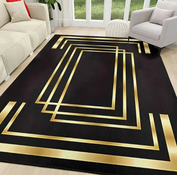 tapis moderne géométrique noir lignes or salon chambre extérieur 160cm 120cm polyester polypropylène aubusson