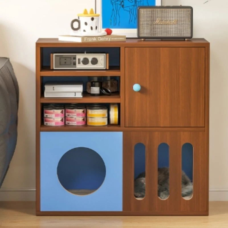 rangement moderne meuble bas multi compartiments minimaliste bois marron foncé bleuclair opaque