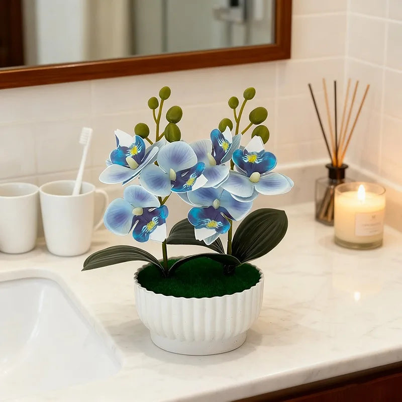 plantes artificielles fleurs orchidées pot blanc couleurs bleu rose vert moderne minimalisteintérieur salon chambre
