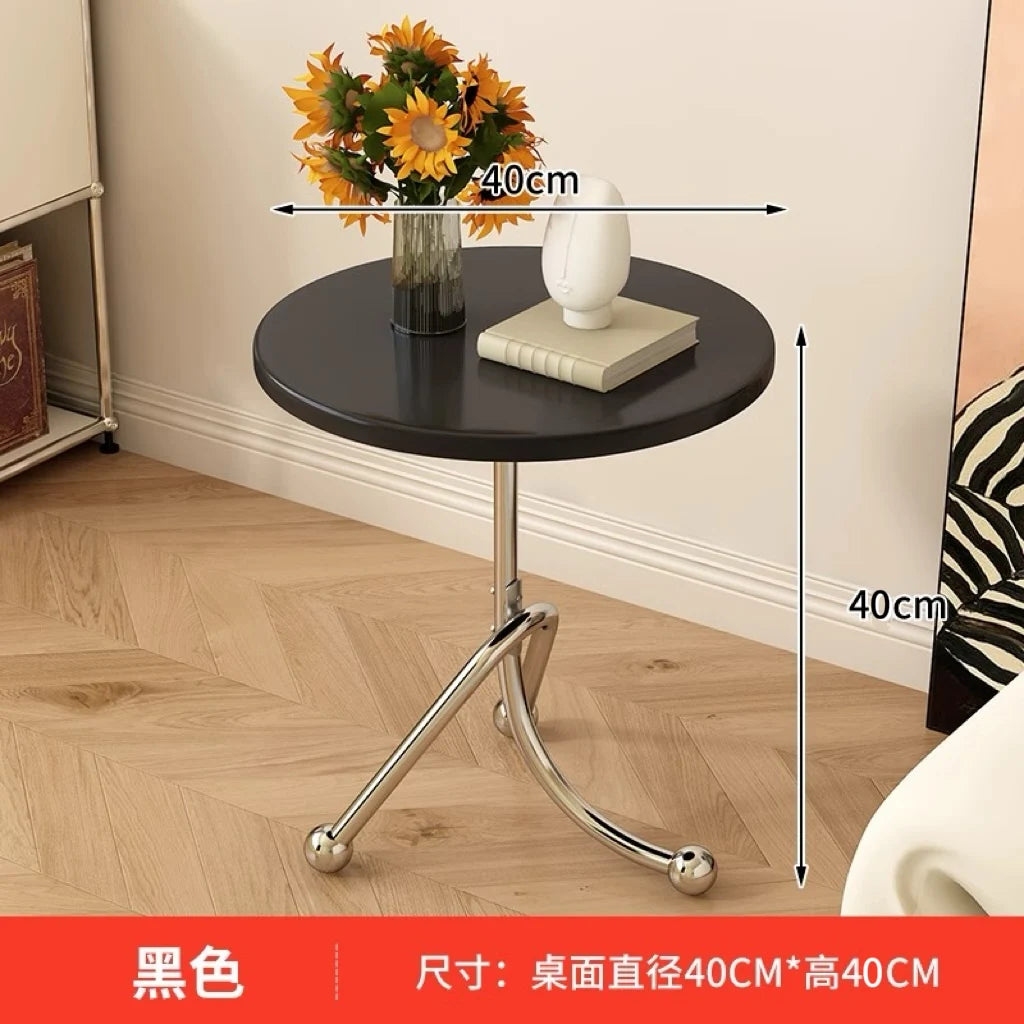 table dappoint ronde moderne bois naturel tissu beige pieds metalliques marronclair blanc minimaliste salon