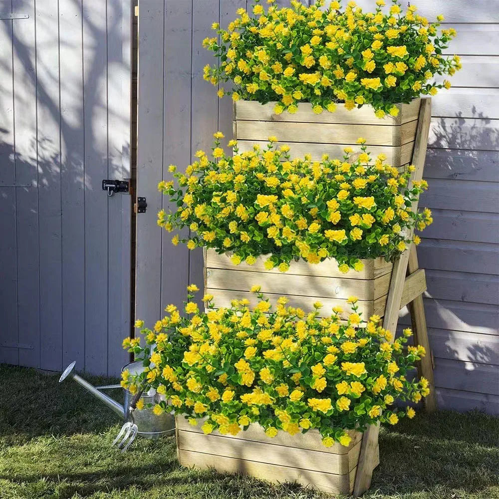 bouquets fleurs artificielles jaune violet vert feuilles modernes extérieur mariage piques tiges flexibles
