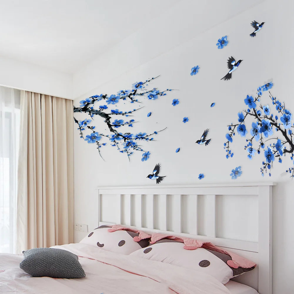 sticker mural fleurs oiseaux bleu noir artiste adhésif chambre salon moderne décoration intérieure