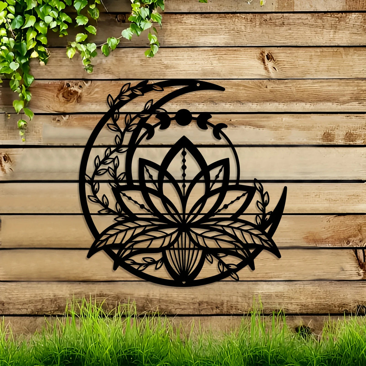 décoration murale métal noir lotus lune boho chic plaque murale artisanale spiritualité intérieure extérieure