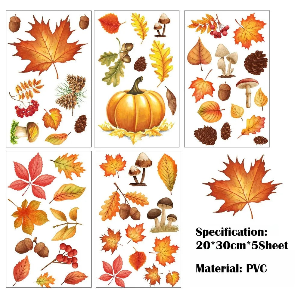 décoration fenêtre automne feuilles glands citrouille adhésif orange rouge jaune vert brun 20x30cm 5feuilles