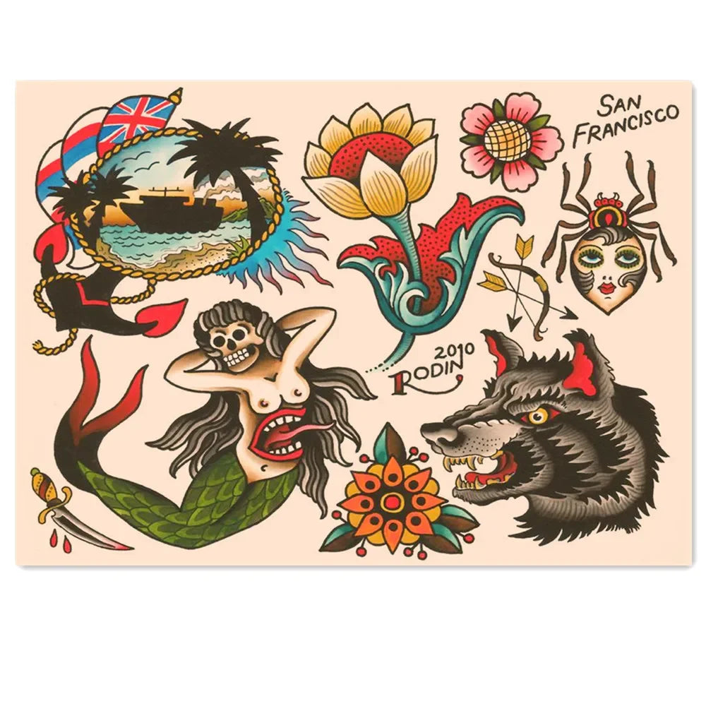autocollants vintage tatouage multicolores têtes mort fleurs animaux opaques décoration maison stickers muraux traditionnels