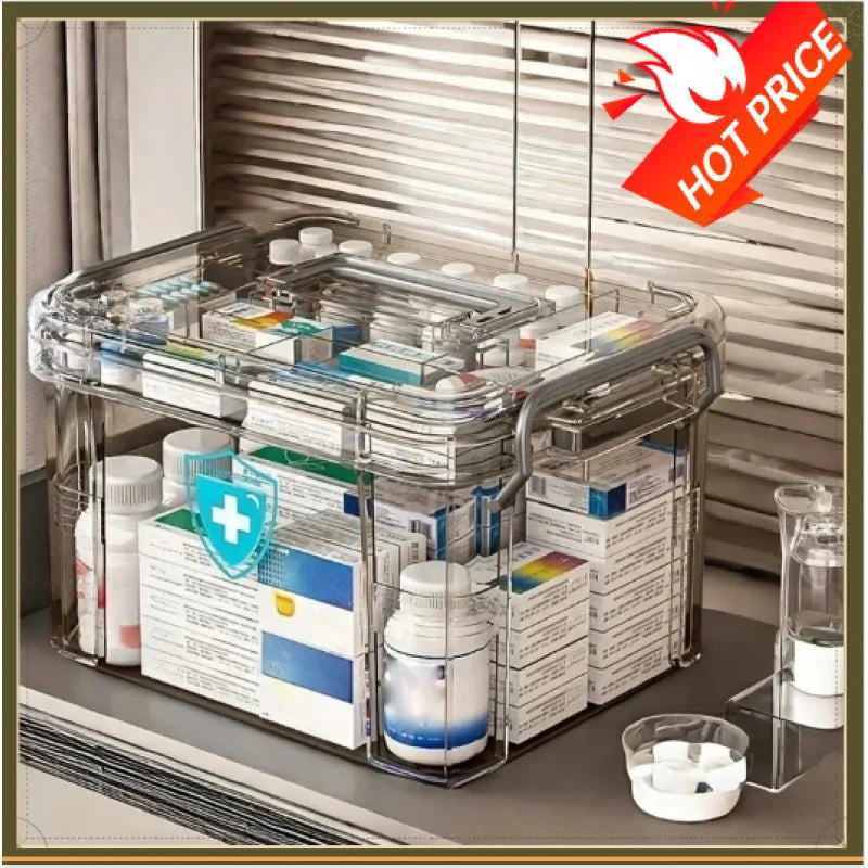 boîte rangement médicaments transparente reutilisable poignée amovible compartiments bouteilles paquets moderne respectueux environnement
