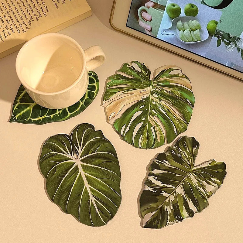 coasters feuilles tropicales vert blanc rose antidérapants moderne protége comptoir cuisine
