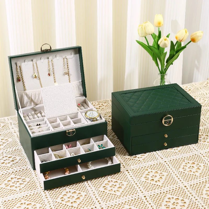 boîte bijoux cuir noir velours intérieur rangements classique poignées dorées bijoux organisation sécurité multifonctionnelle