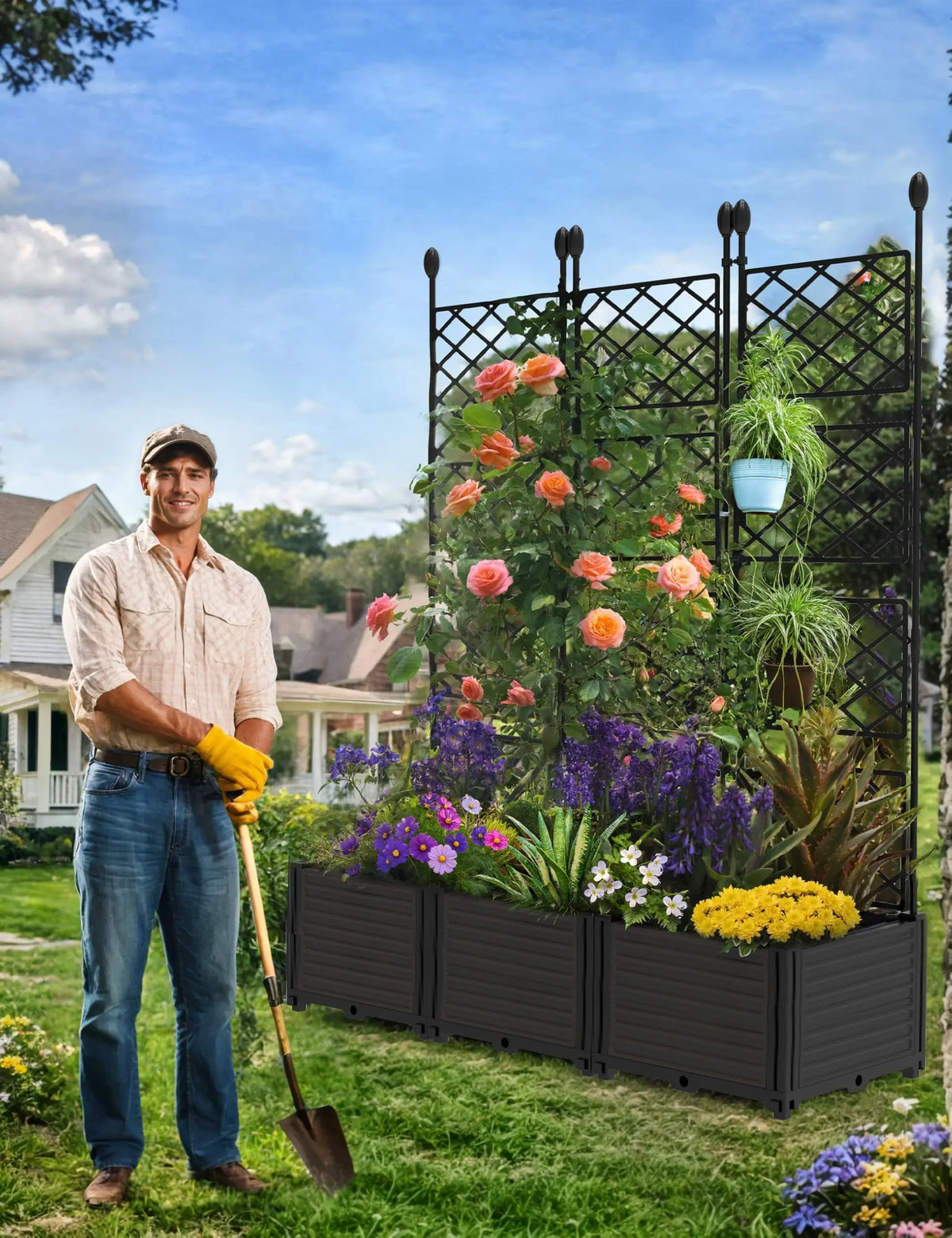 jardinière surélevée treillis grimpantes potager compartiments fleurs plantes arrosoir gants jardin rustique moderne