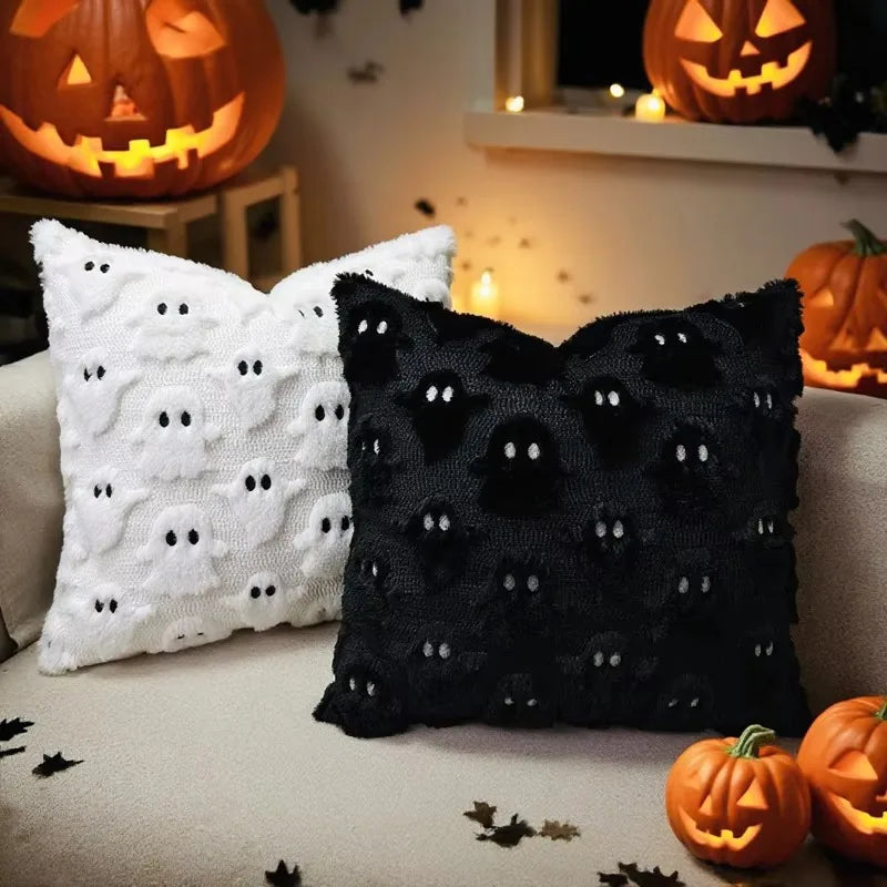 coussin halloween fantômes blancs oranges amovible lavable moderne zip caché