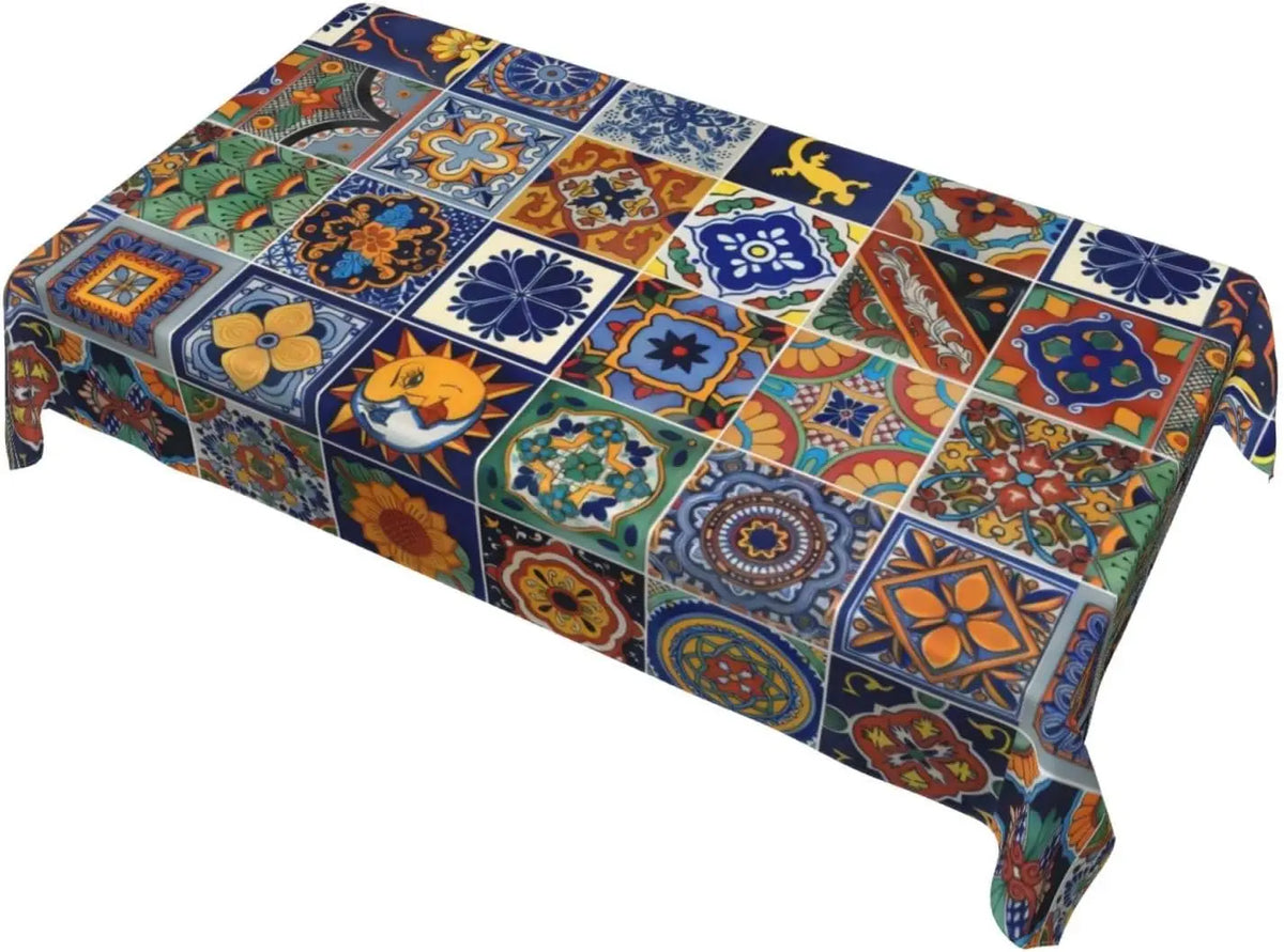 nappe table moderne patchwork géométrique floral bleu vert orange jaune noir réutilisable polyester rectangle