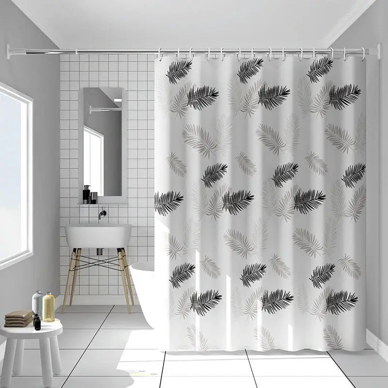rideau douche moderne feuilles palmier blanc gris noir translucide 240cm anneaux