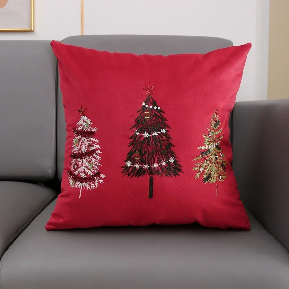 housse coussin velours noël arbre flocons good night rouge vert decoration carré tufted polyester