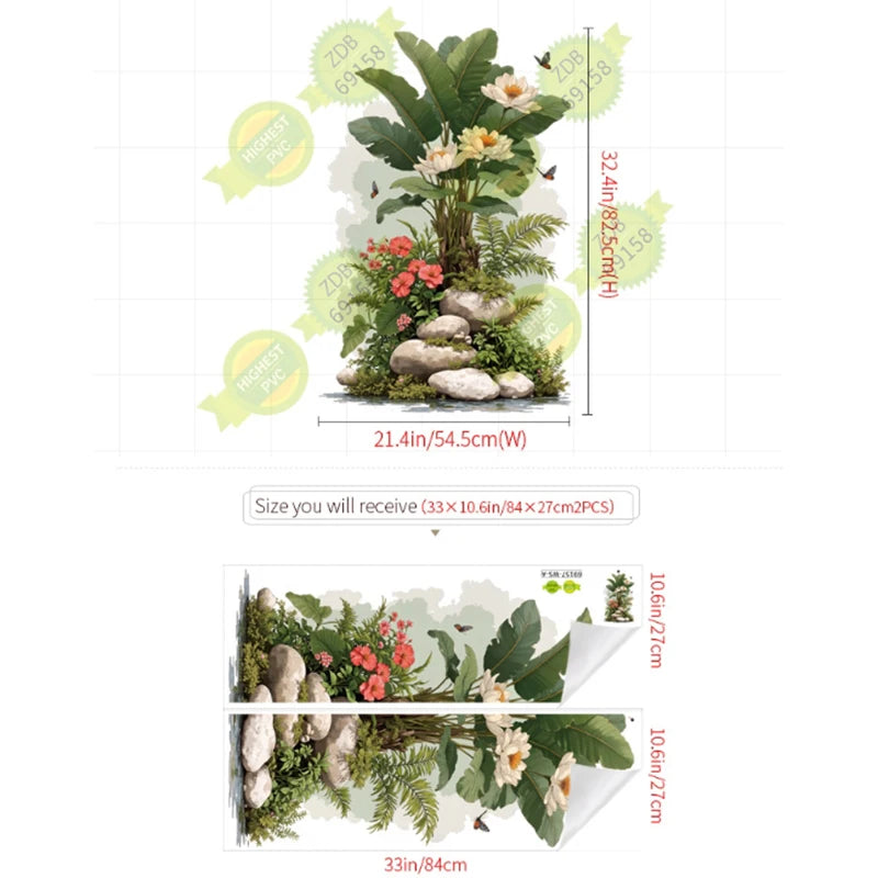 sticker mural vert feuilles fleurs adhésif salon chambre décoration murale pvc réalisteOpaque