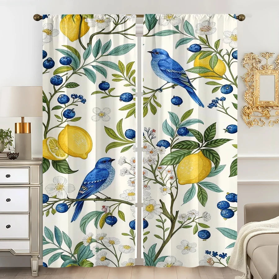 rideau floral citron baies oiseaux bleus blancs moderne polyester 60x150cm 75x166cm 105x230cm 130x210cm