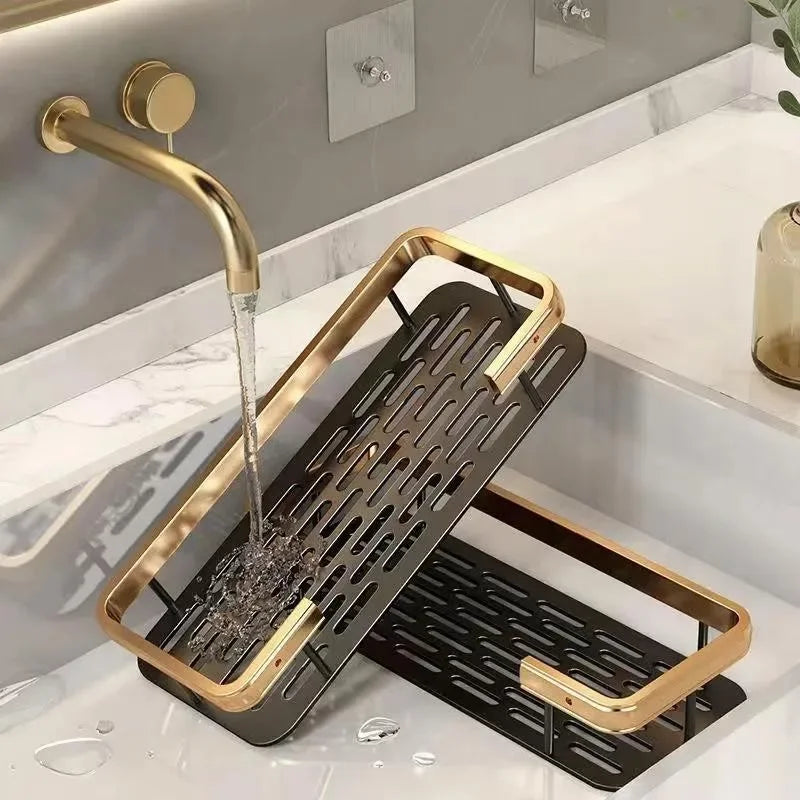 étagères salle bain moderne noires dorées mural sans perçage double niveau aluminium inoxydable