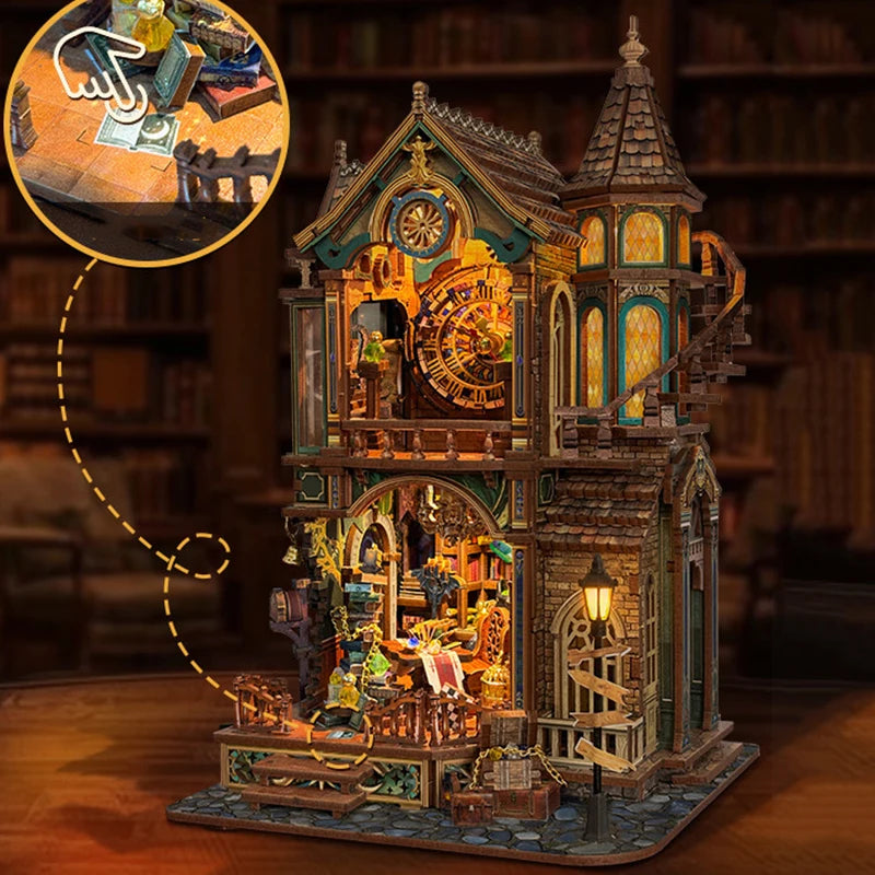 miniature maison gothique bois détaillée statues horloge livres meubles décoratifs